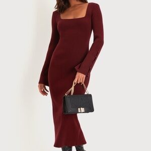Lulus Burgundy Ribbed Square Neck Midi Sweater Dress Size XS